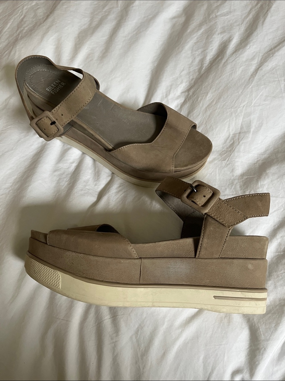 Eileen Fisher taupe platform ankle-strap sandals